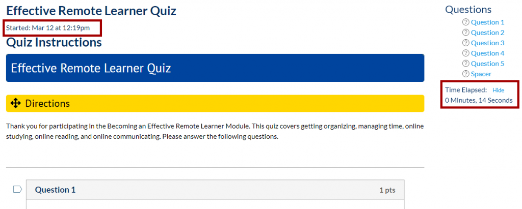 Canvas quiz question page with timer