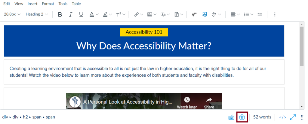 Canvas Rich Content Editor with accessibility checker highlighted