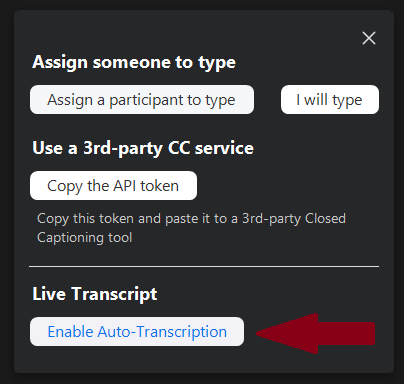 Zoom enable auto-transcription button