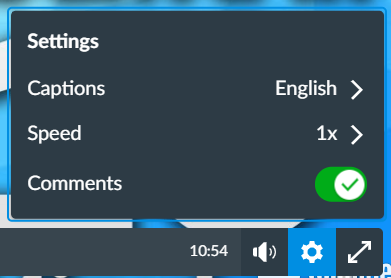 Canvas studio video player settings with captions toggled on