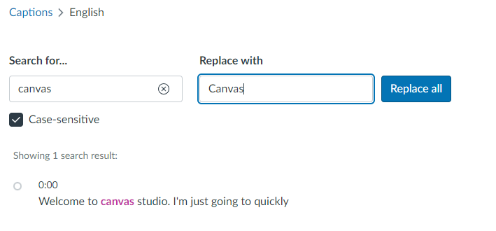 Canvas Studio captions find and replace feature
