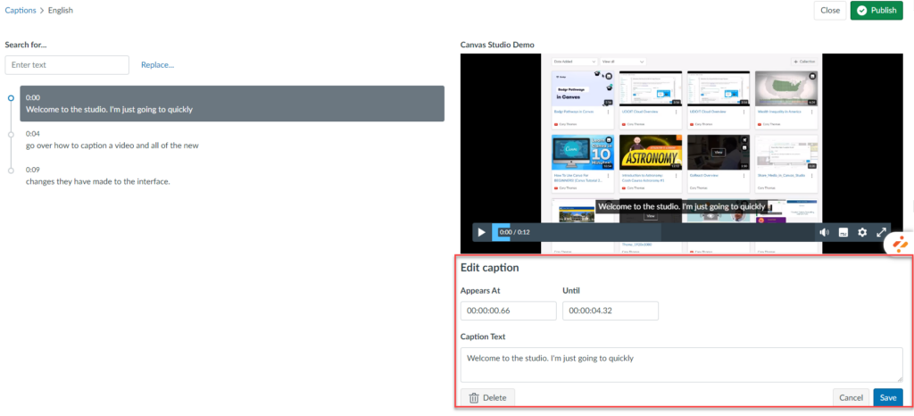 Canvas Studio caption editing interface