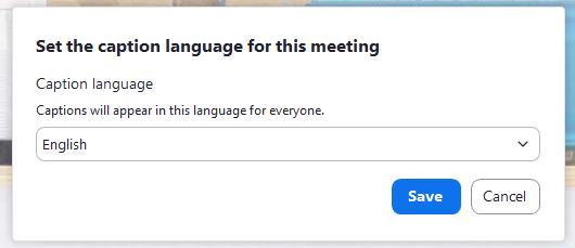 Zoom caption language selection box
