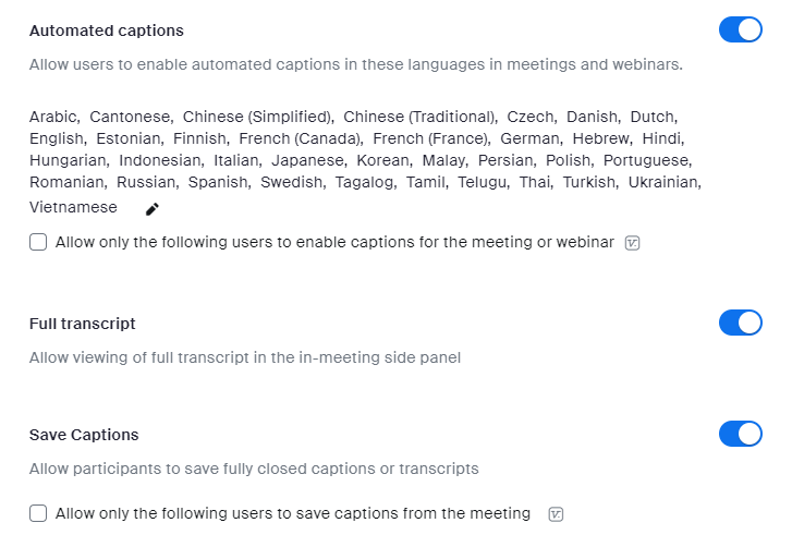 Zoom In Meeting captions settings