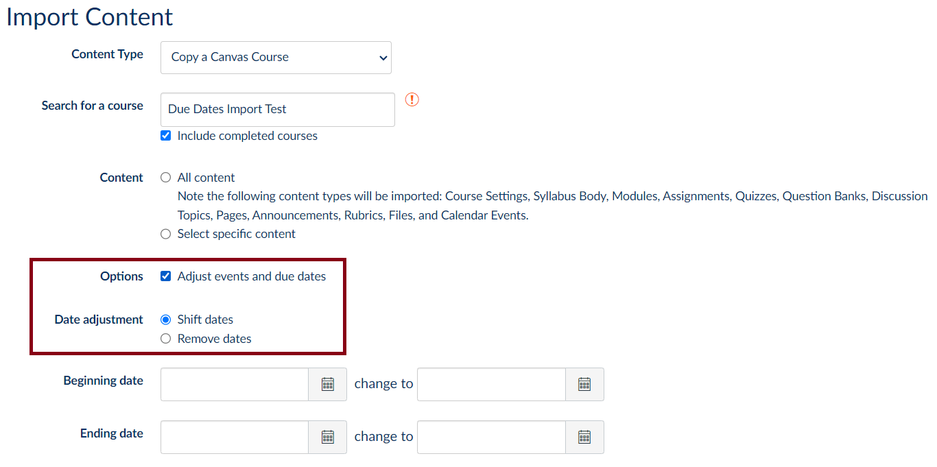 Canvas Import Course Content screen with adjust due dates highlighted