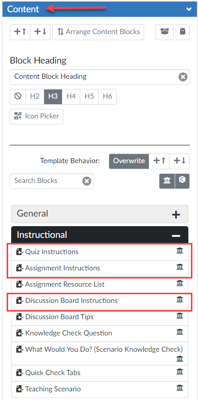 DesignPLUS content block options